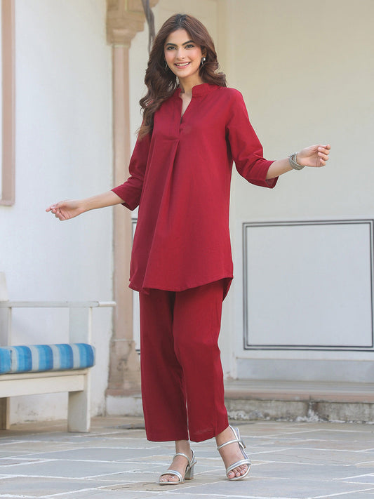 Janasya Dark Cotton Solid A-Line Top & Bottom Set 