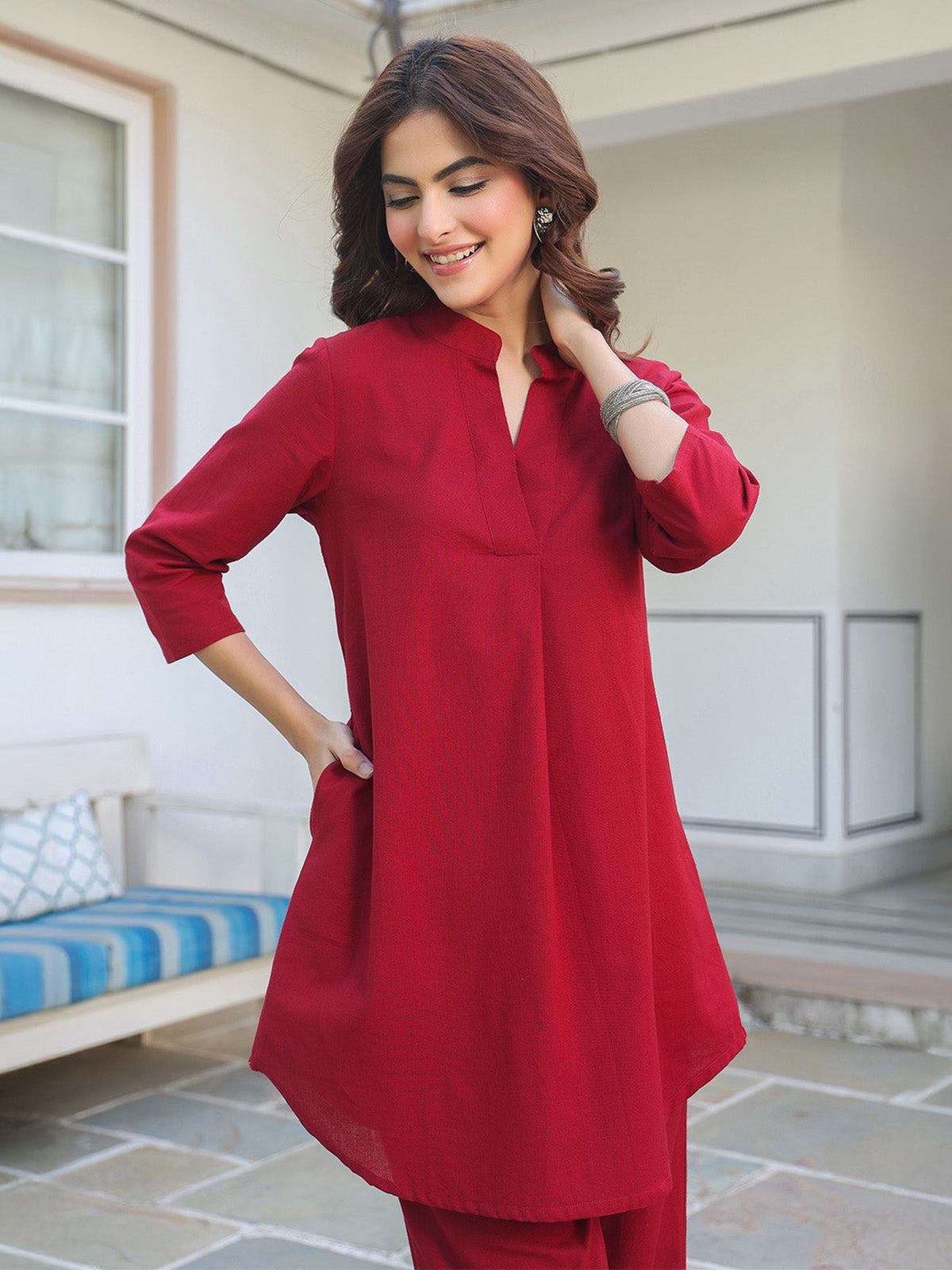 Janasya Dark Cotton Solid A-Line Top & Bottom Set 