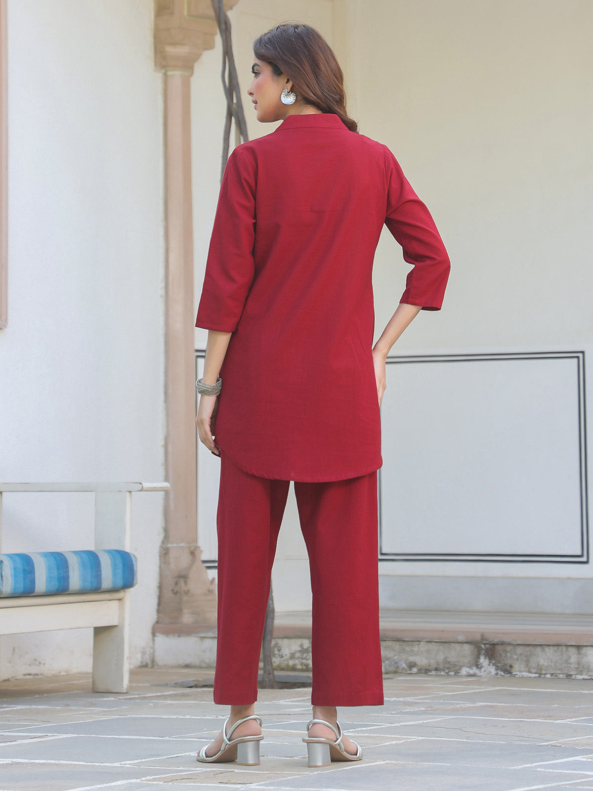 Janasya Dark Cotton Solid A-Line Top & Bottom Set 