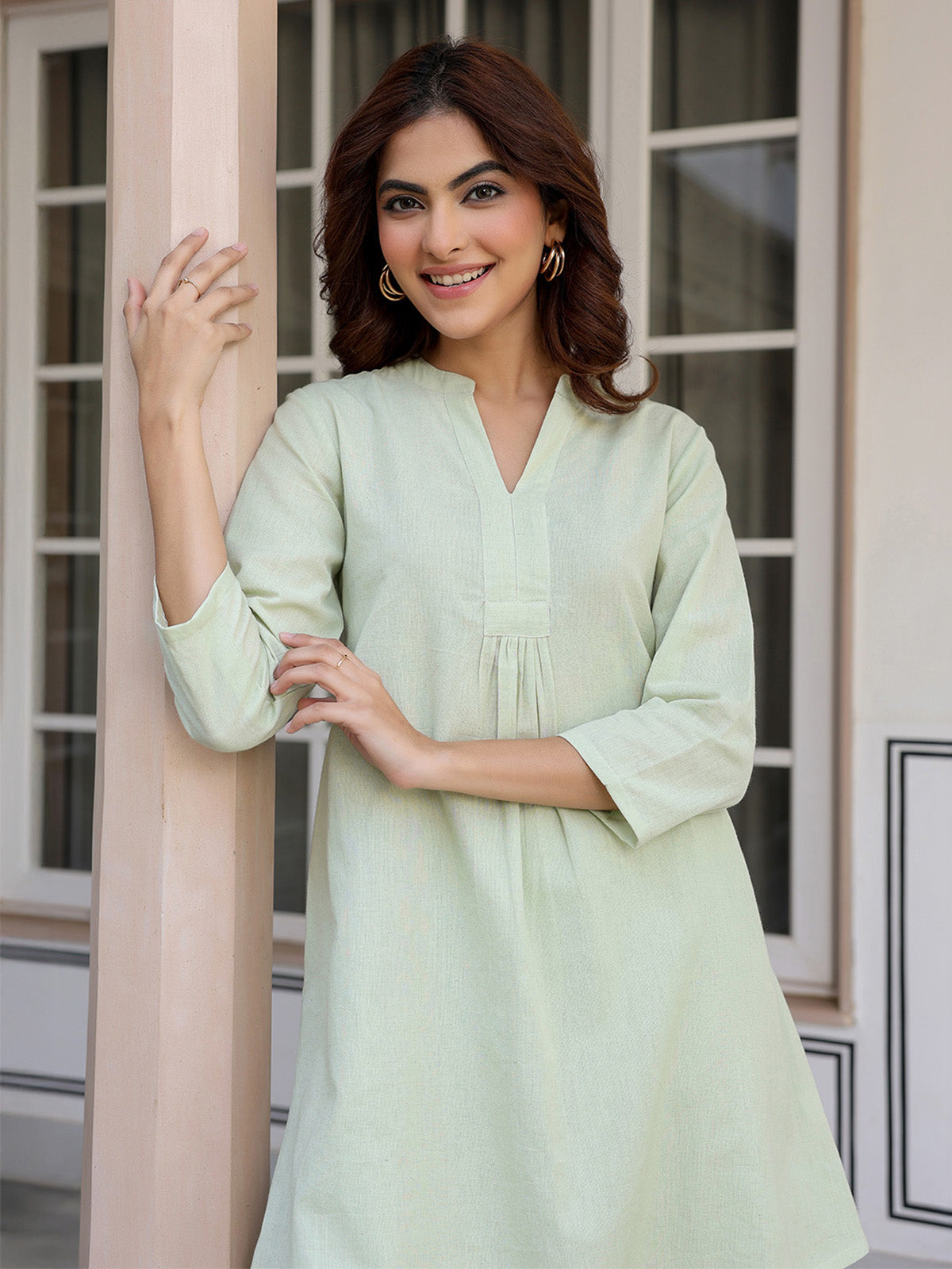 Janasya Light Cotton Solid A-Line Top & Bottom Set 