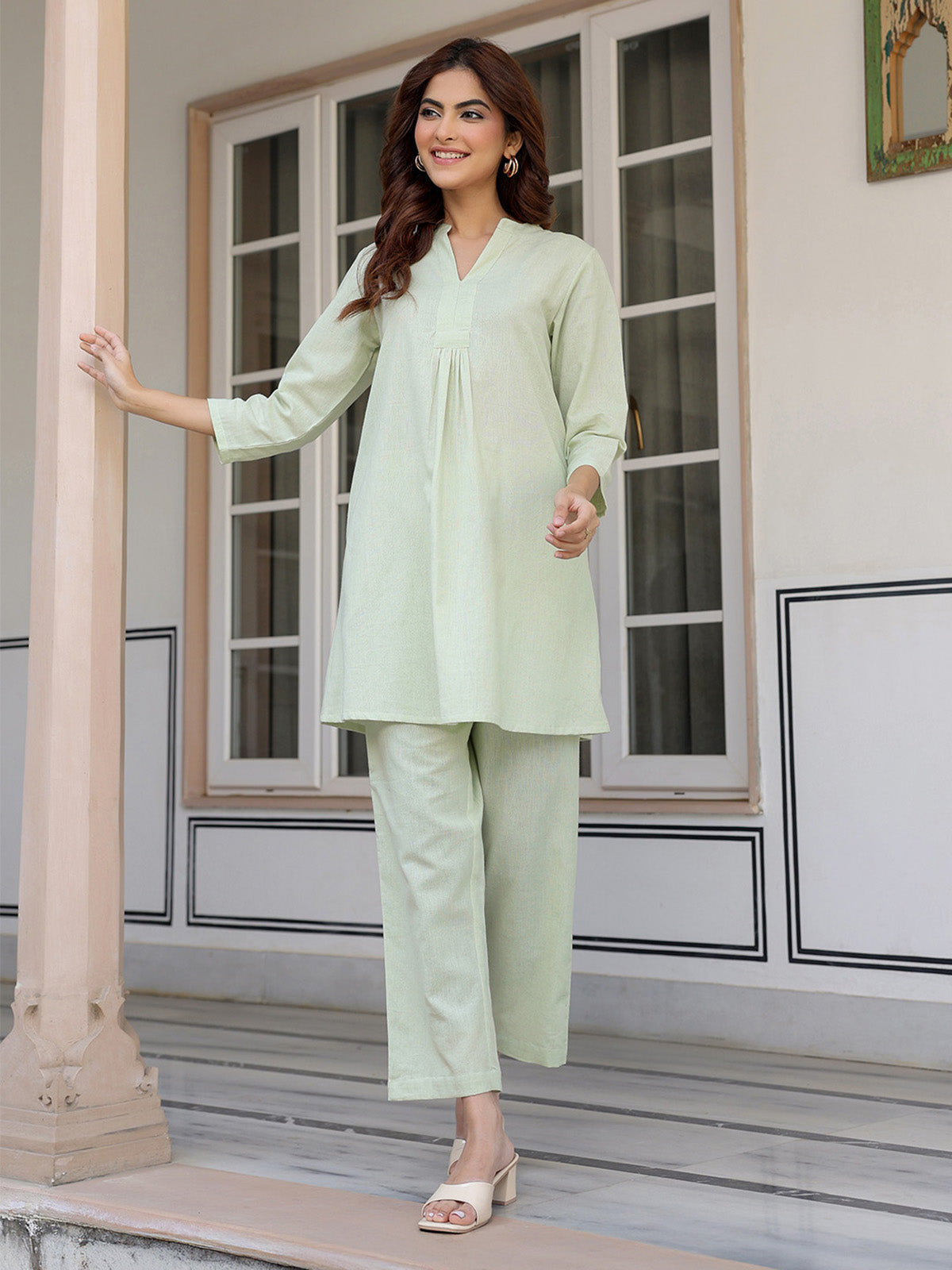 Janasya Light Cotton Solid A-Line Top & Bottom Set 