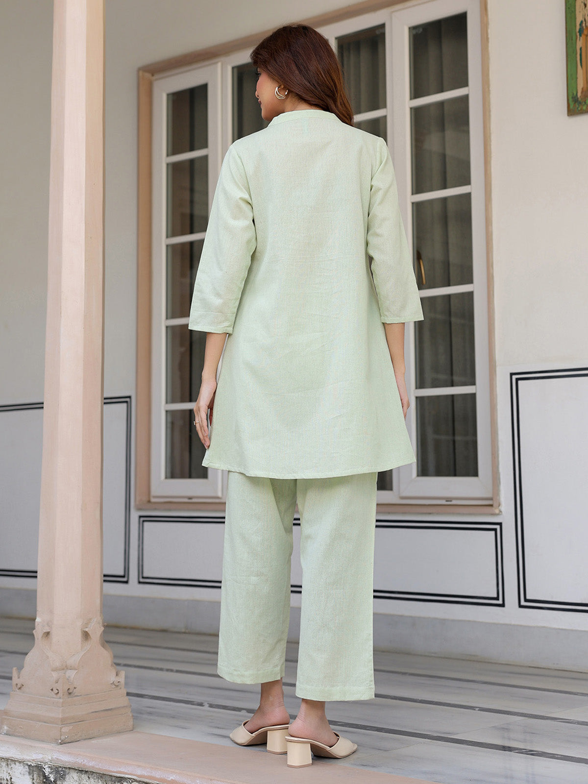 Janasya Light Cotton Solid A-Line Top & Bottom Set 