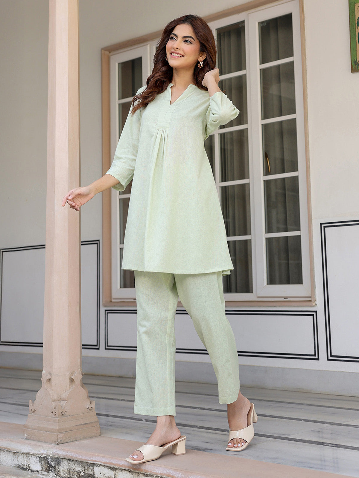 Janasya Light Cotton Solid A-Line Top & Bottom Set 