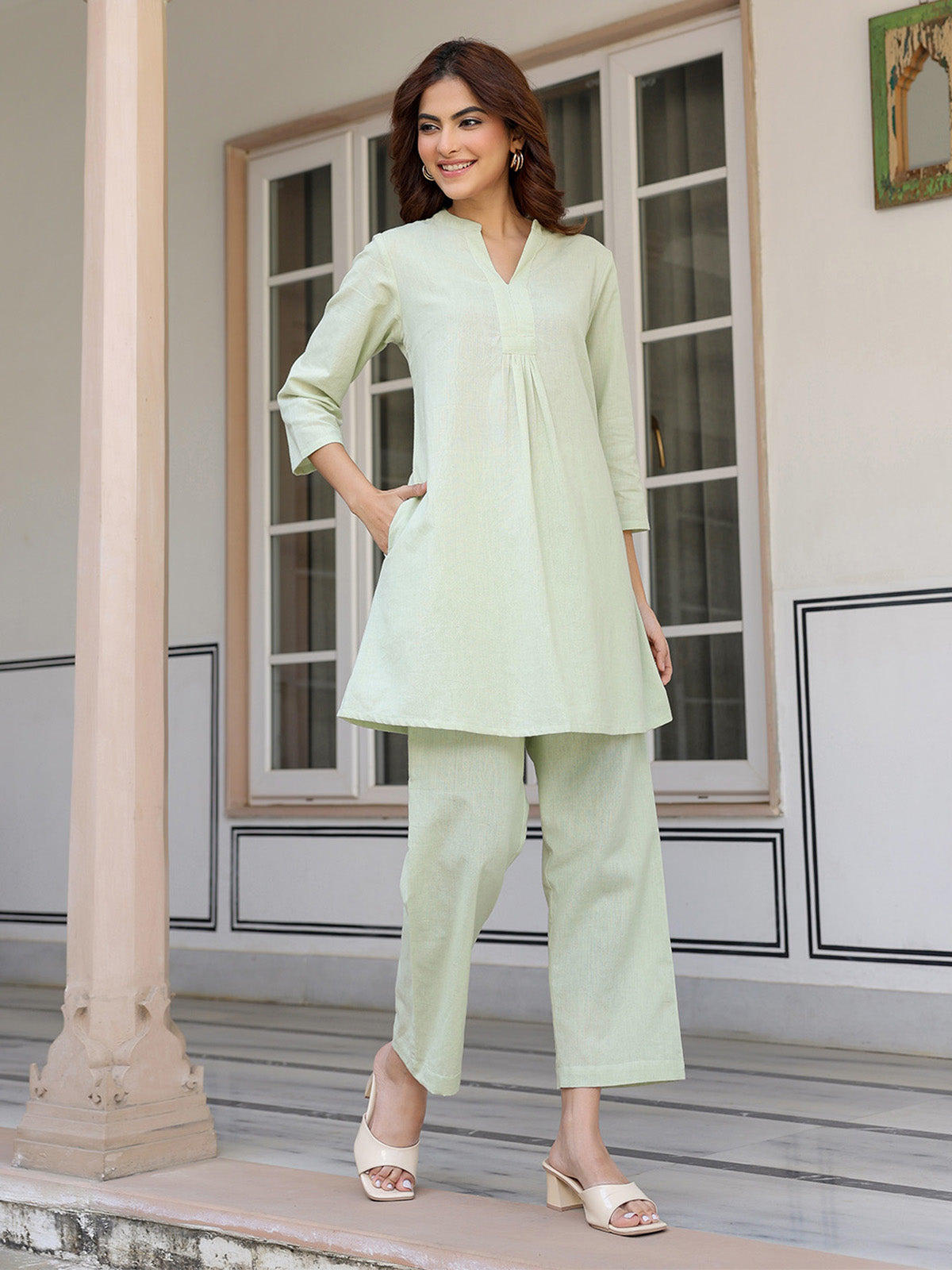 Janasya Light Cotton Solid A-Line Top & Bottom Set 