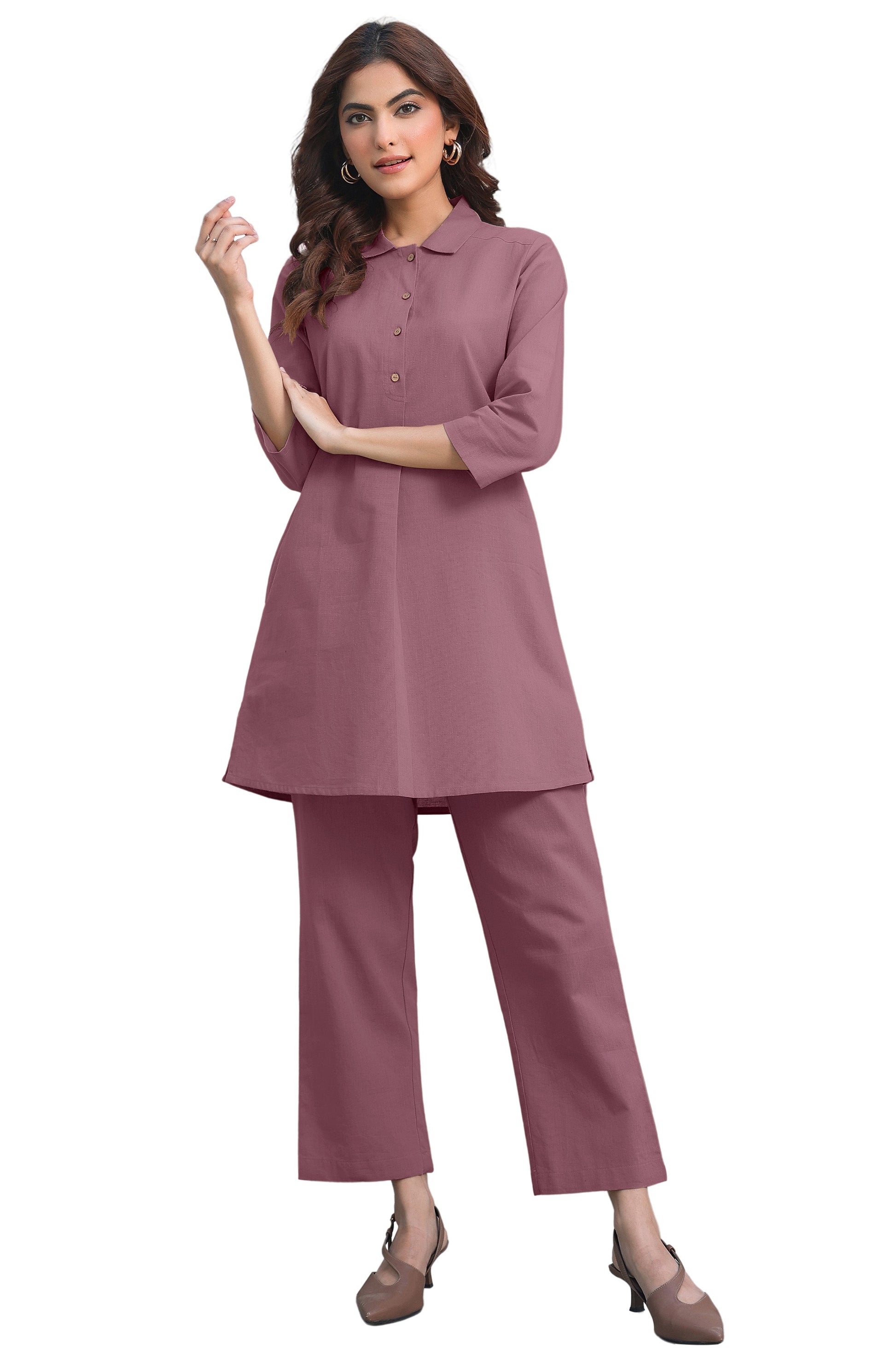 Janasya Light Cotton Solid A-Line Top & Bottom Set 