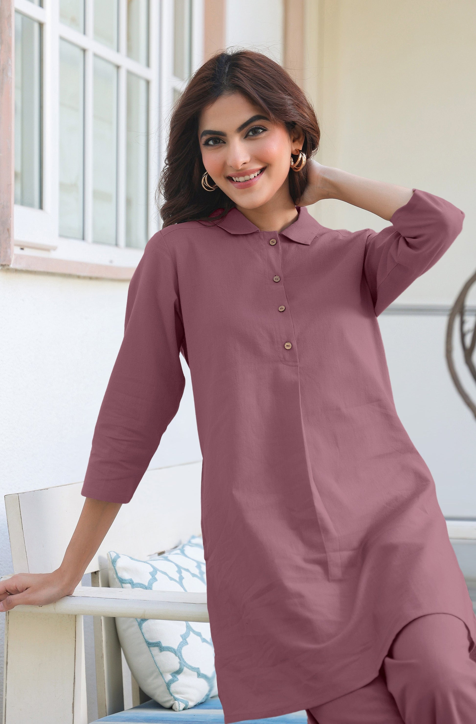 Janasya Light Cotton Solid A-Line Top & Bottom Set 