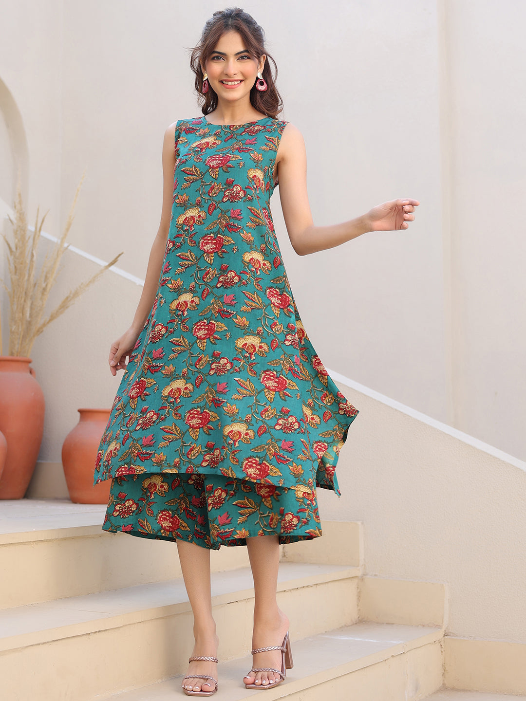 Janasya Dark Rayon Floral A-Line Top & Bottom Set 