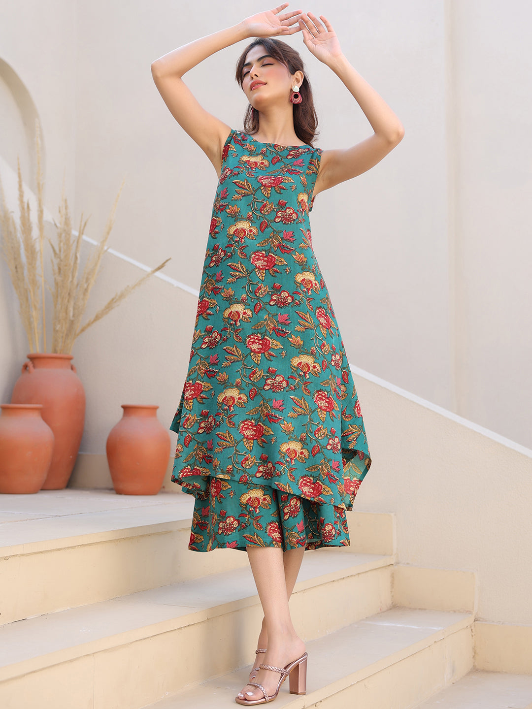 Janasya Dark Rayon Floral A-Line Top & Bottom Set 
