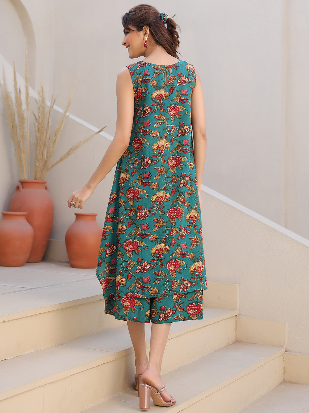Janasya Dark Rayon Floral A-Line Top & Bottom Set 