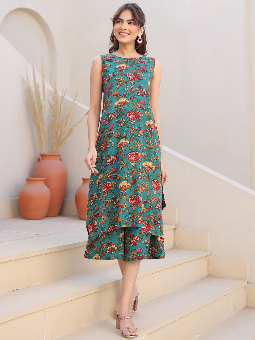 Janasya Dark Rayon Floral A-Line Top & Bottom Set 