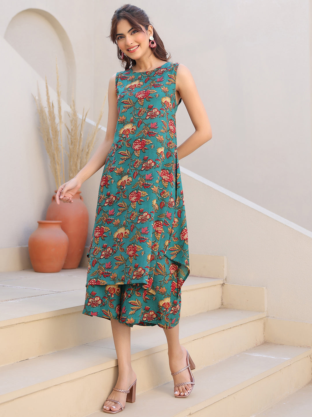 Janasya Dark Rayon Floral A-Line Top & Bottom Set 