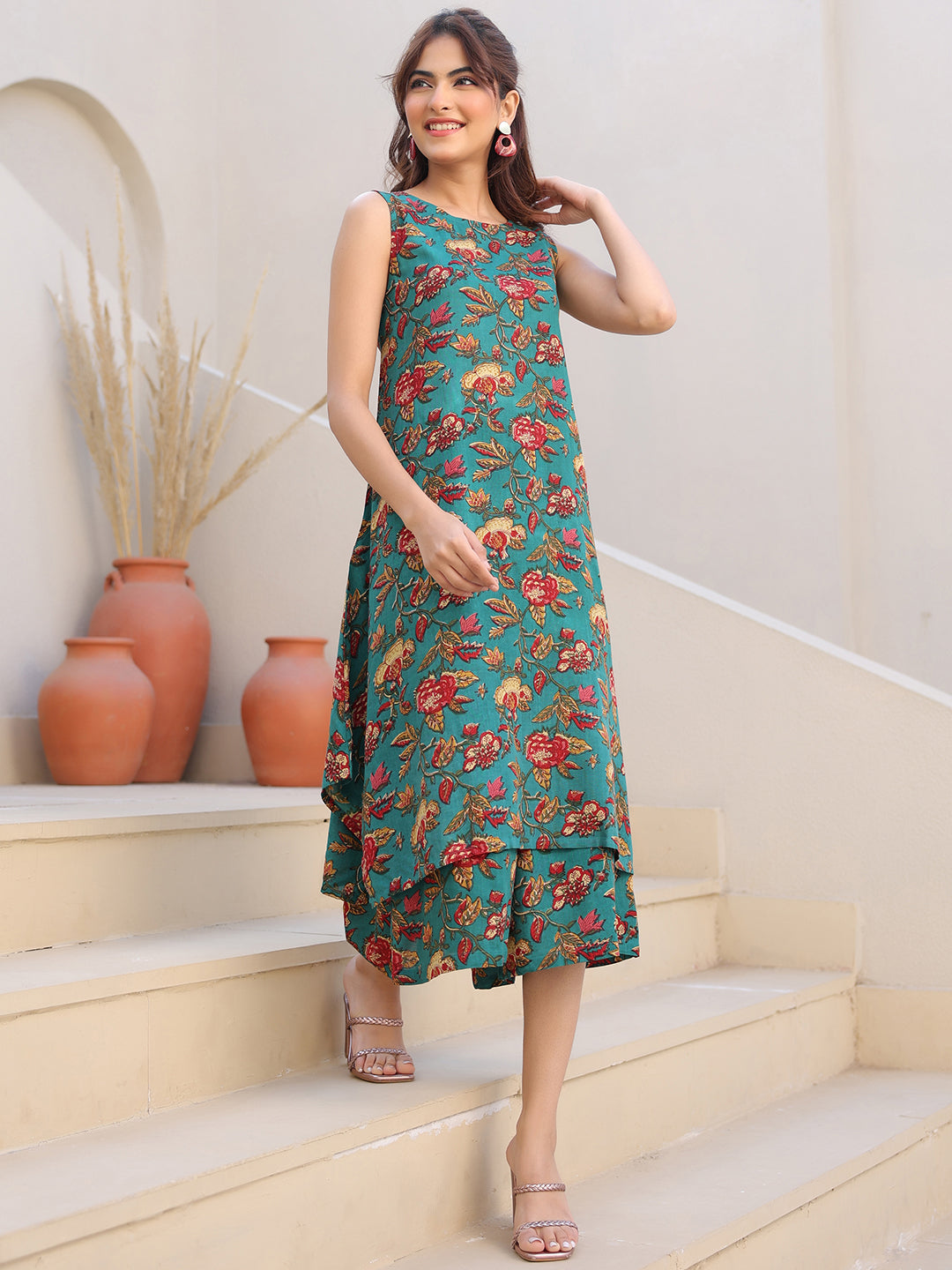 Janasya Dark Rayon Floral A-Line Top & Bottom Set 