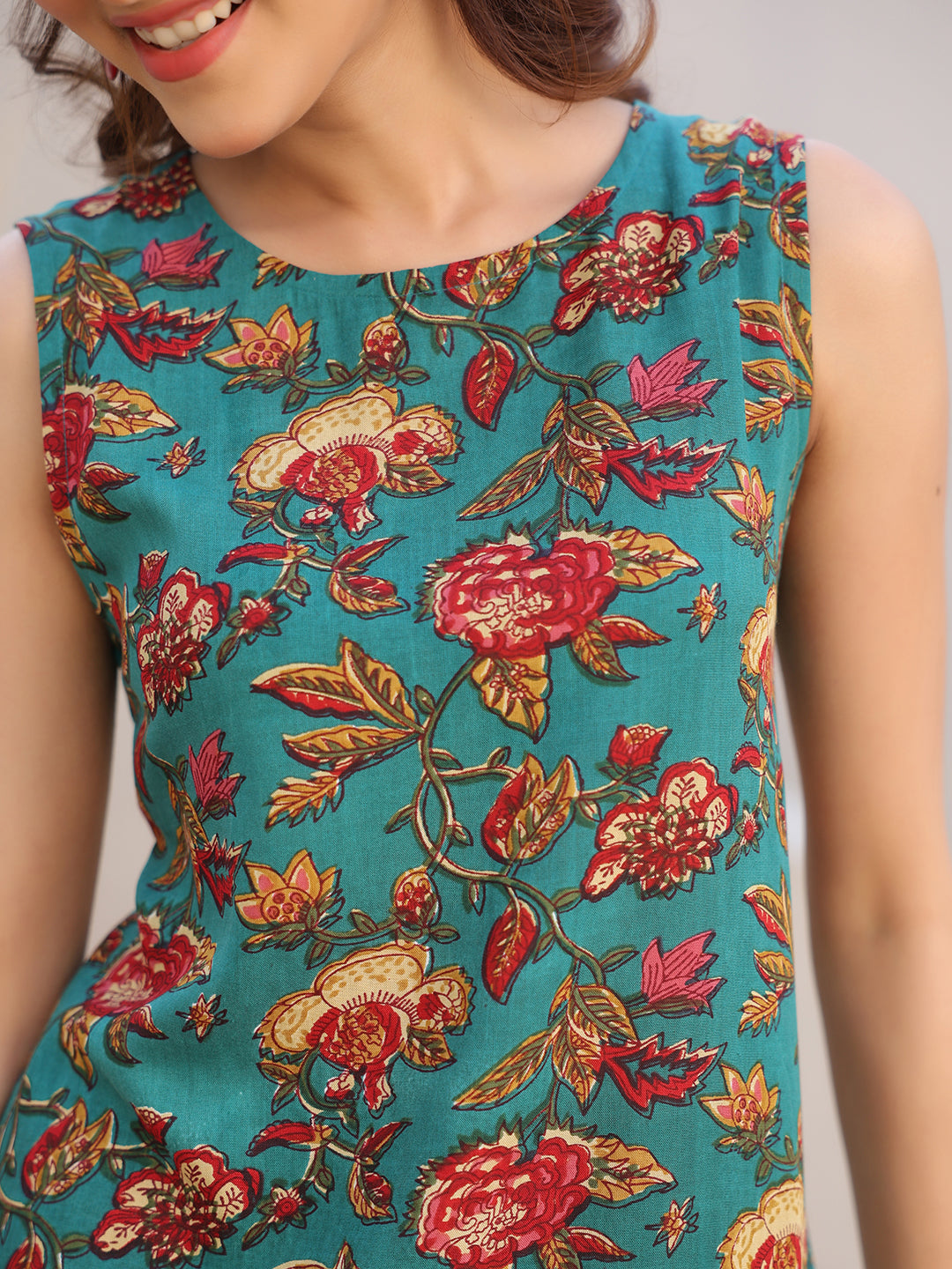 Janasya Dark Rayon Floral A-Line Top & Bottom Set 