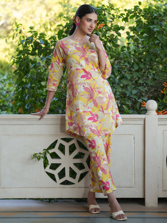 Janasya Bright Cotton Floral Straight Top & Bottom Set 