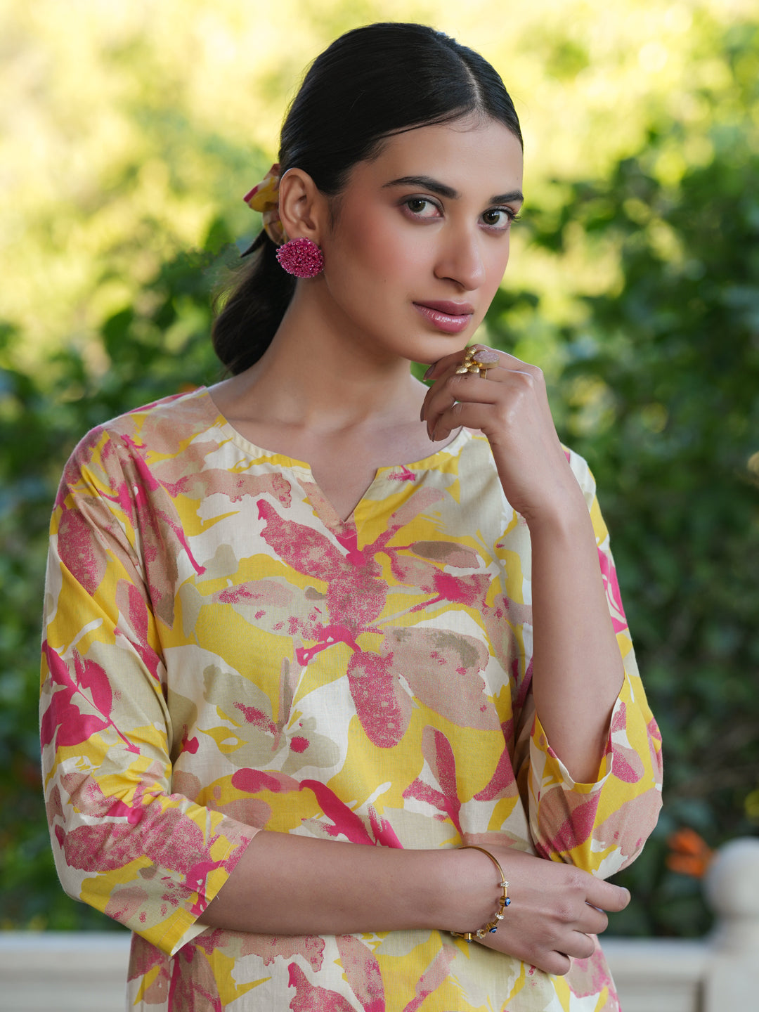 Janasya Bright Cotton Floral Straight Top & Bottom Set 