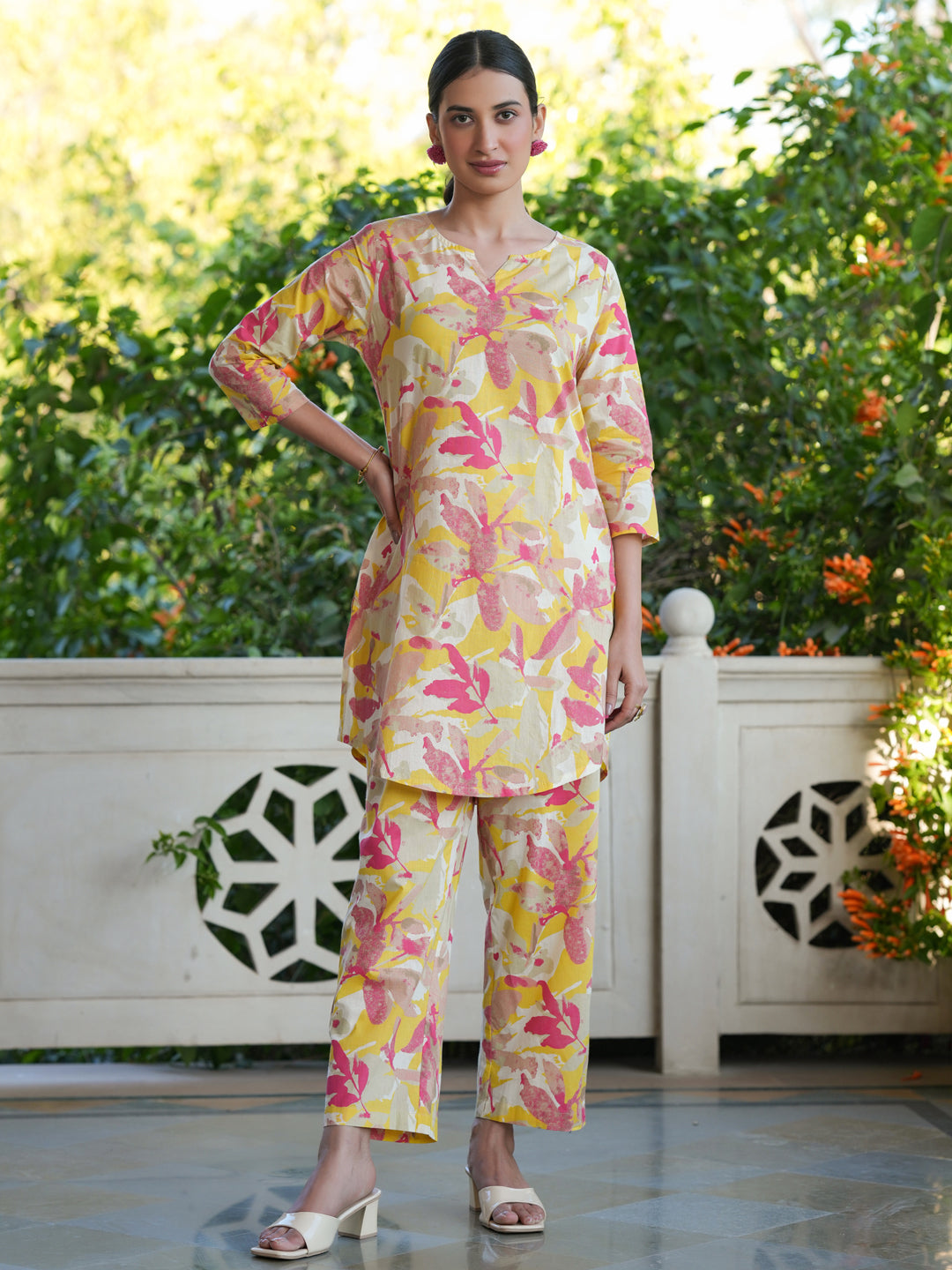 Janasya Bright Cotton Floral Straight Top & Bottom Set 