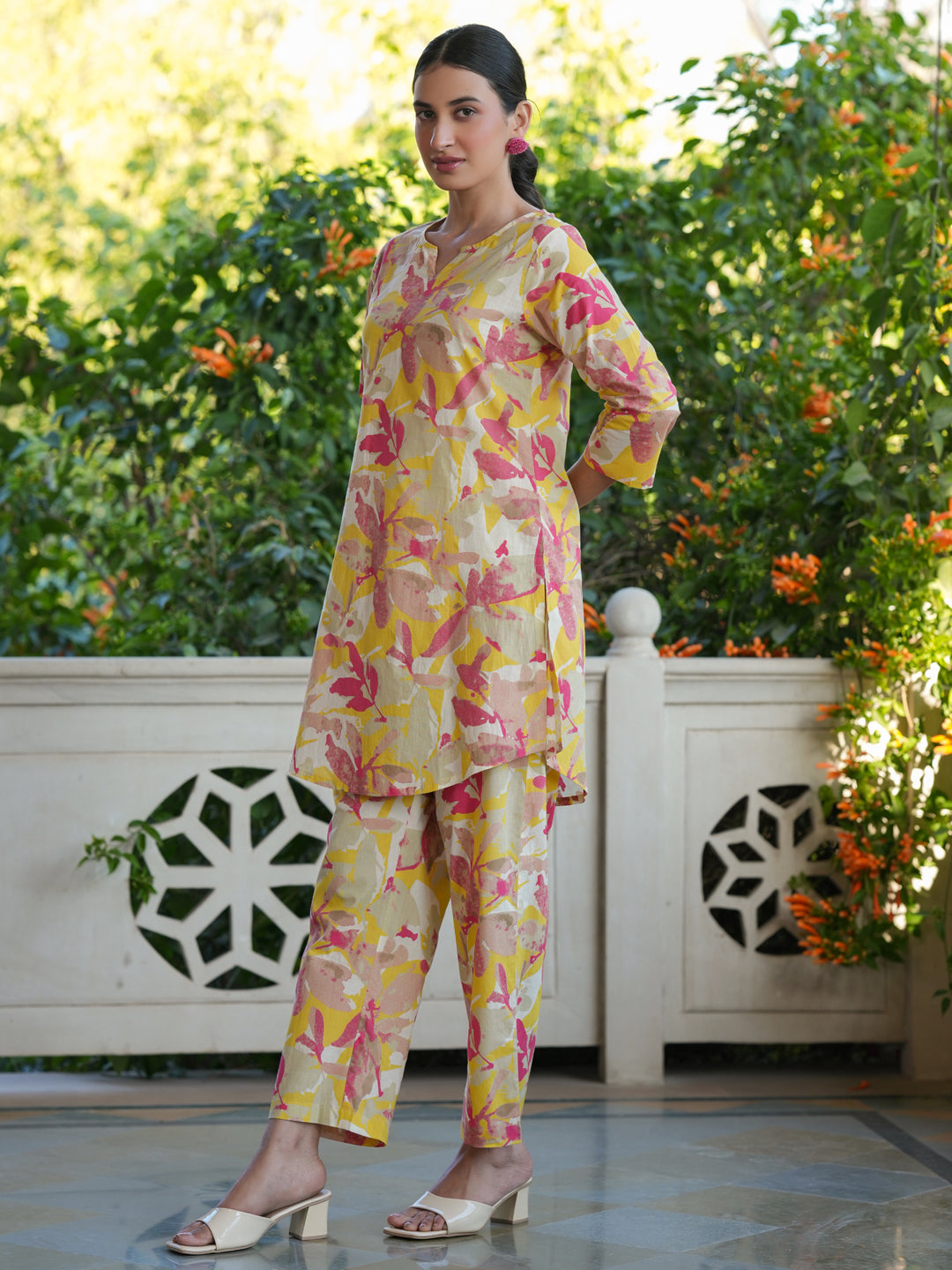Janasya Bright Cotton Floral Straight Top & Bottom Set 