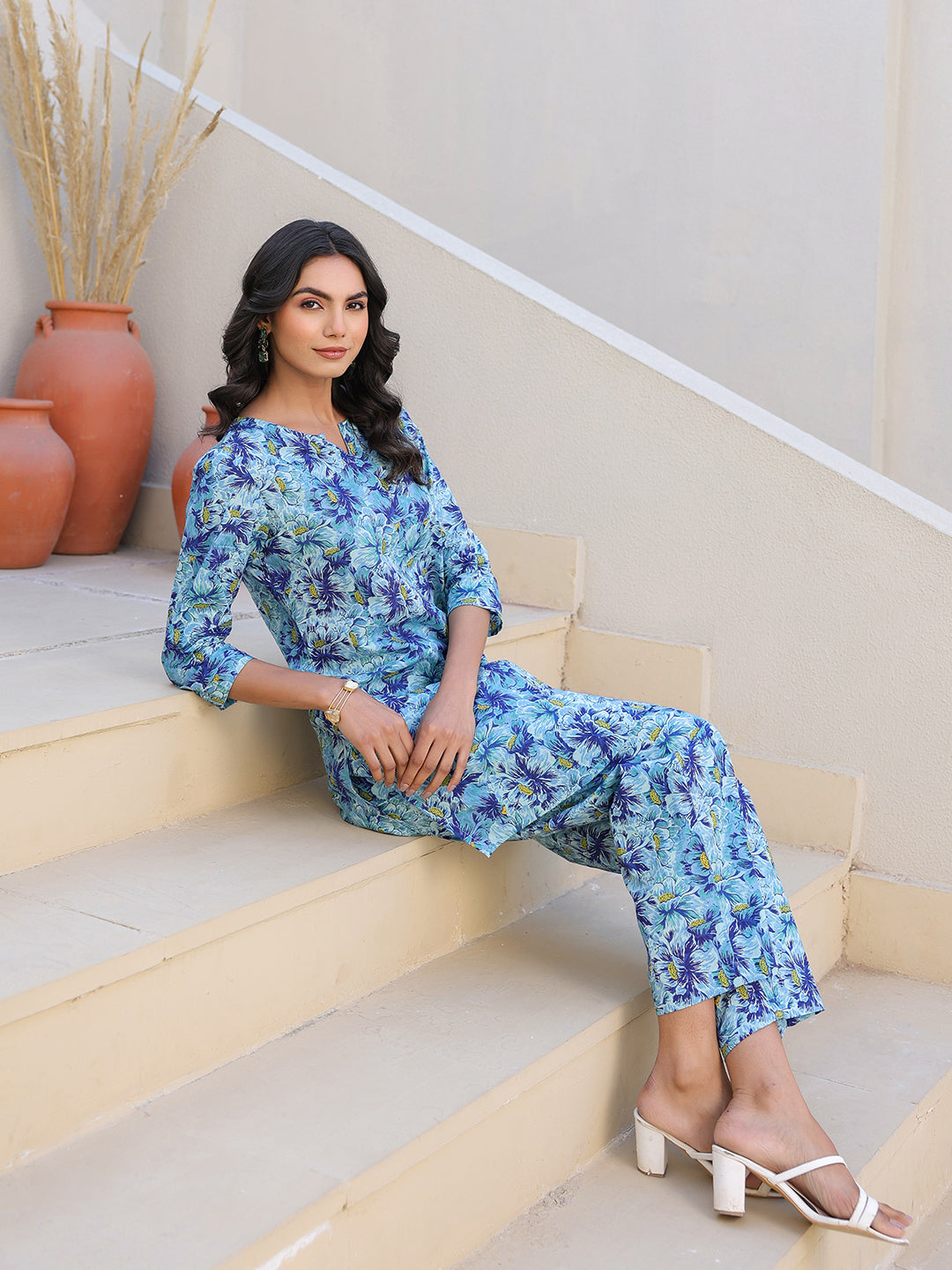 Janasya Bright Cotton Floral Straight Top & Bottom Set 