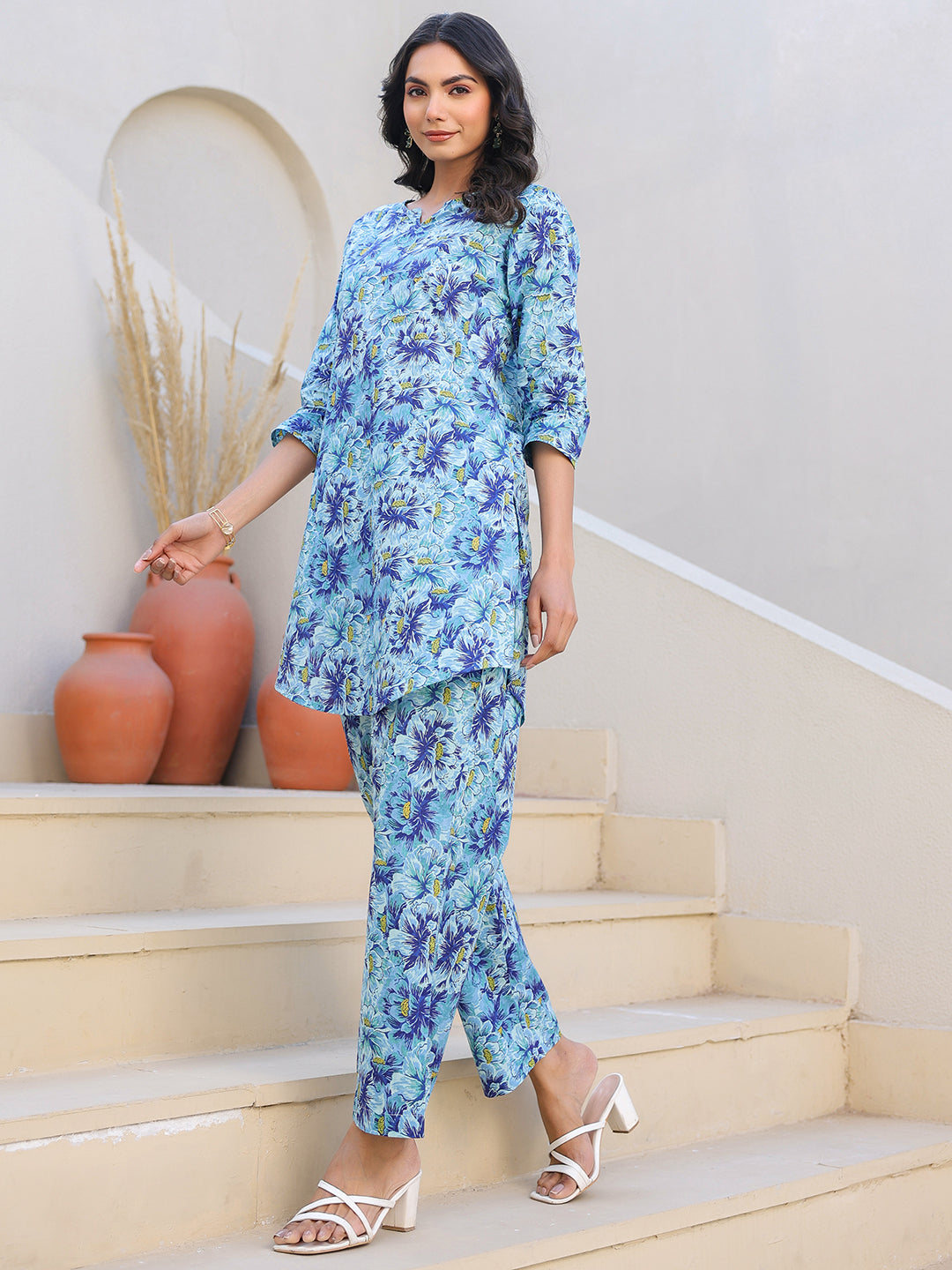Janasya Bright Cotton Floral Straight Top & Bottom Set 