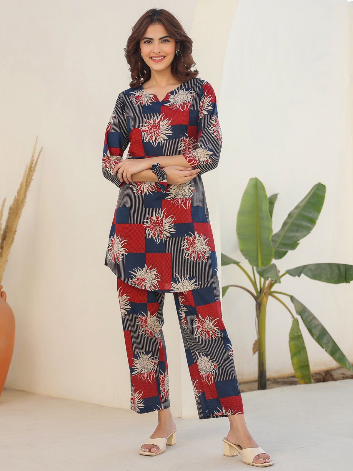 Janasya Dark Cotton Geometric Straight Top & Bottom Set 