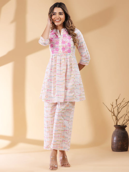 Janasya Light Cotton Abstract A-Line Top & Bottom Set 