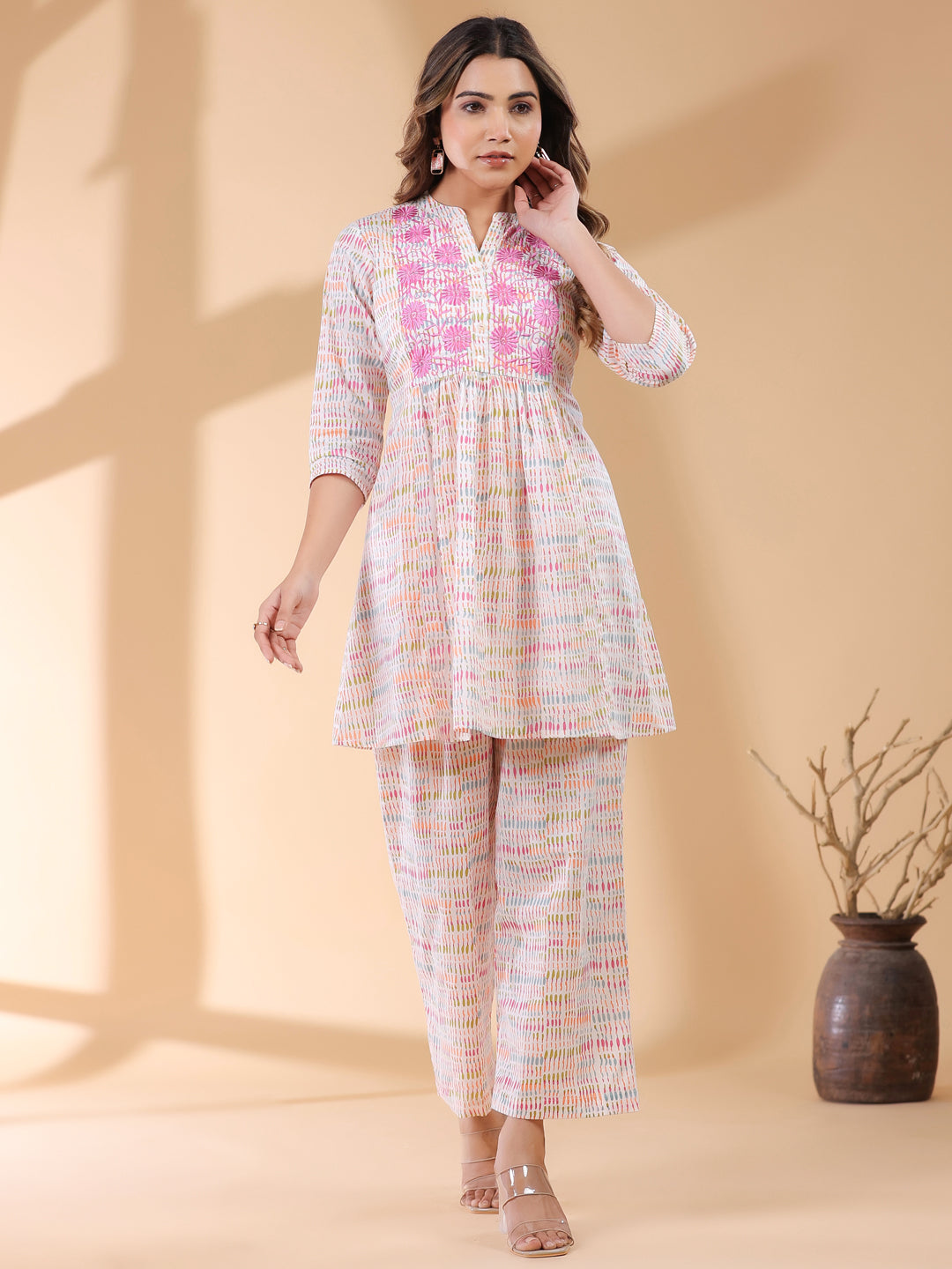 Janasya Light Cotton Abstract A-Line Top & Bottom Set 