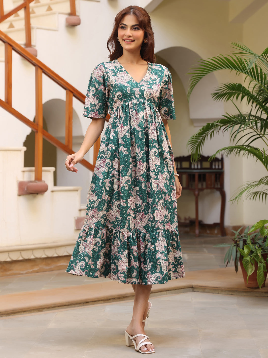 Janasya Dark Cotton Floral Tiered Dress 