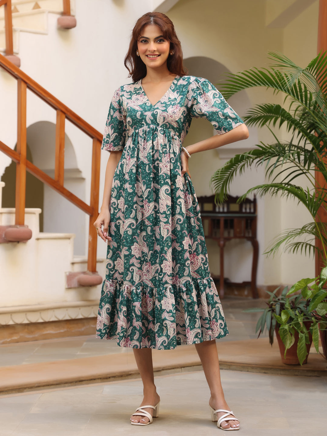 Janasya Dark Cotton Floral Tiered Dress 