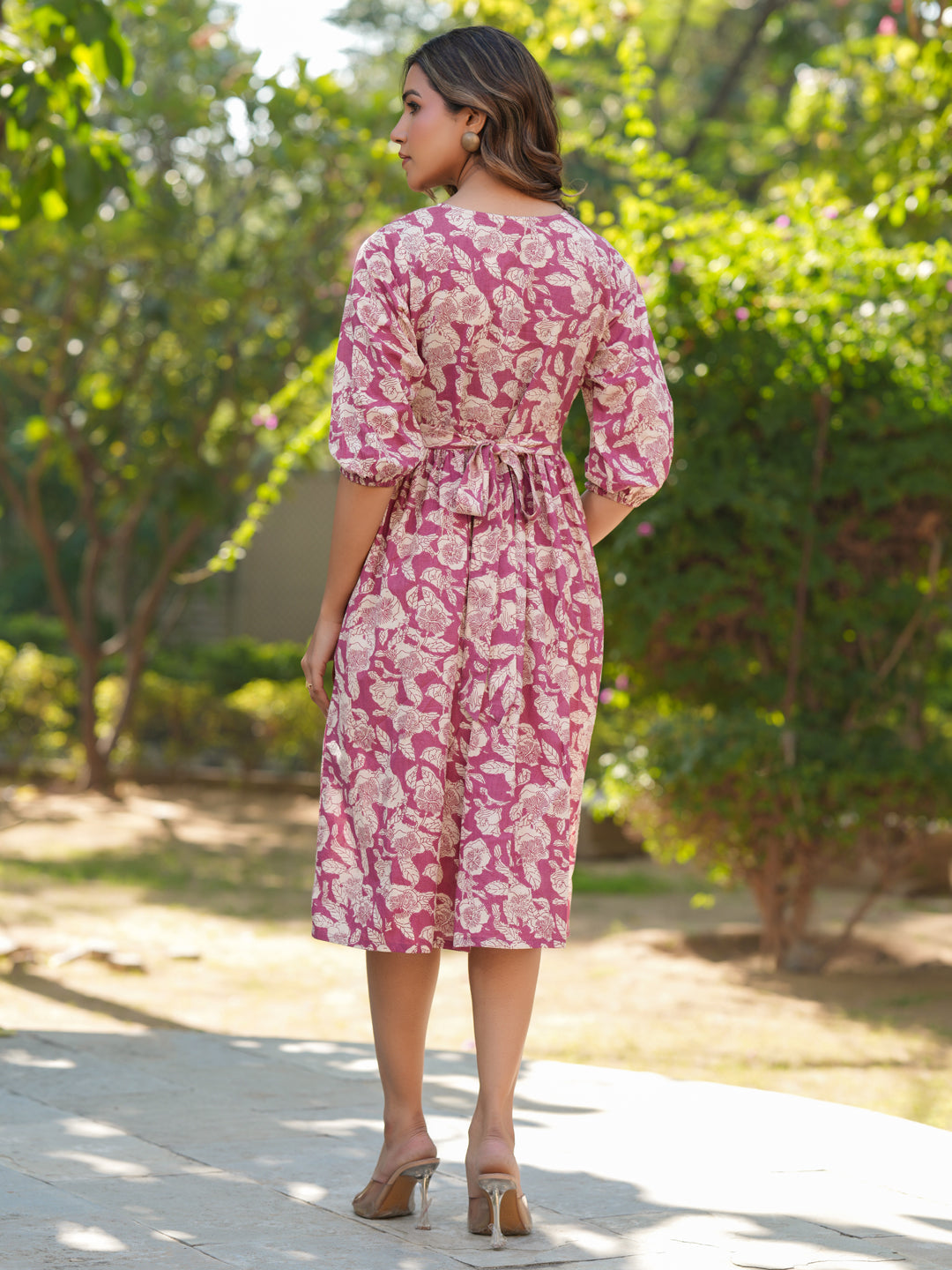 Janasya Light Cotton Floral Gathered Dress 