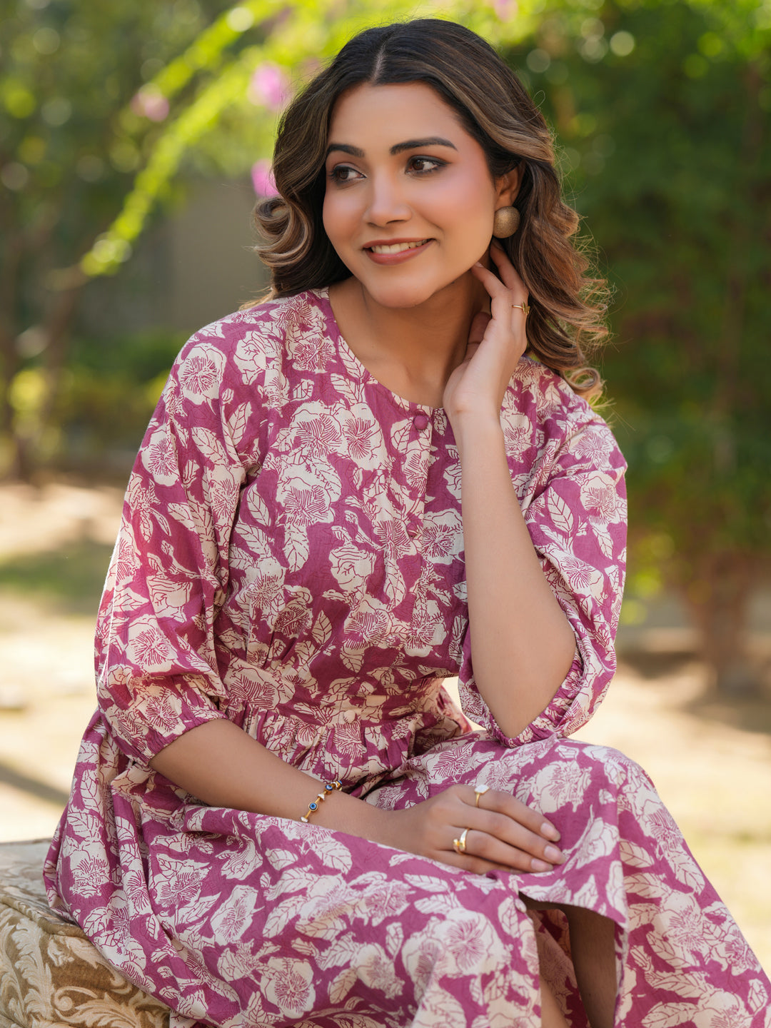 Janasya Light Cotton Floral Gathered Dress 