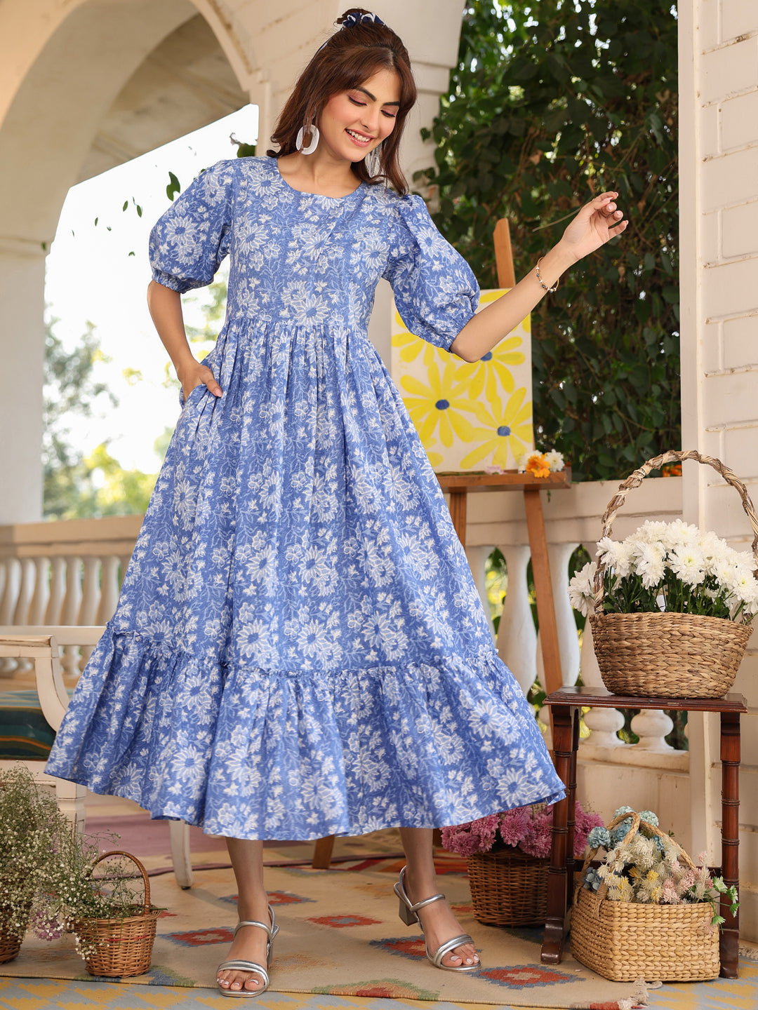 Janasya Light Cotton Floral Tiered Dress 