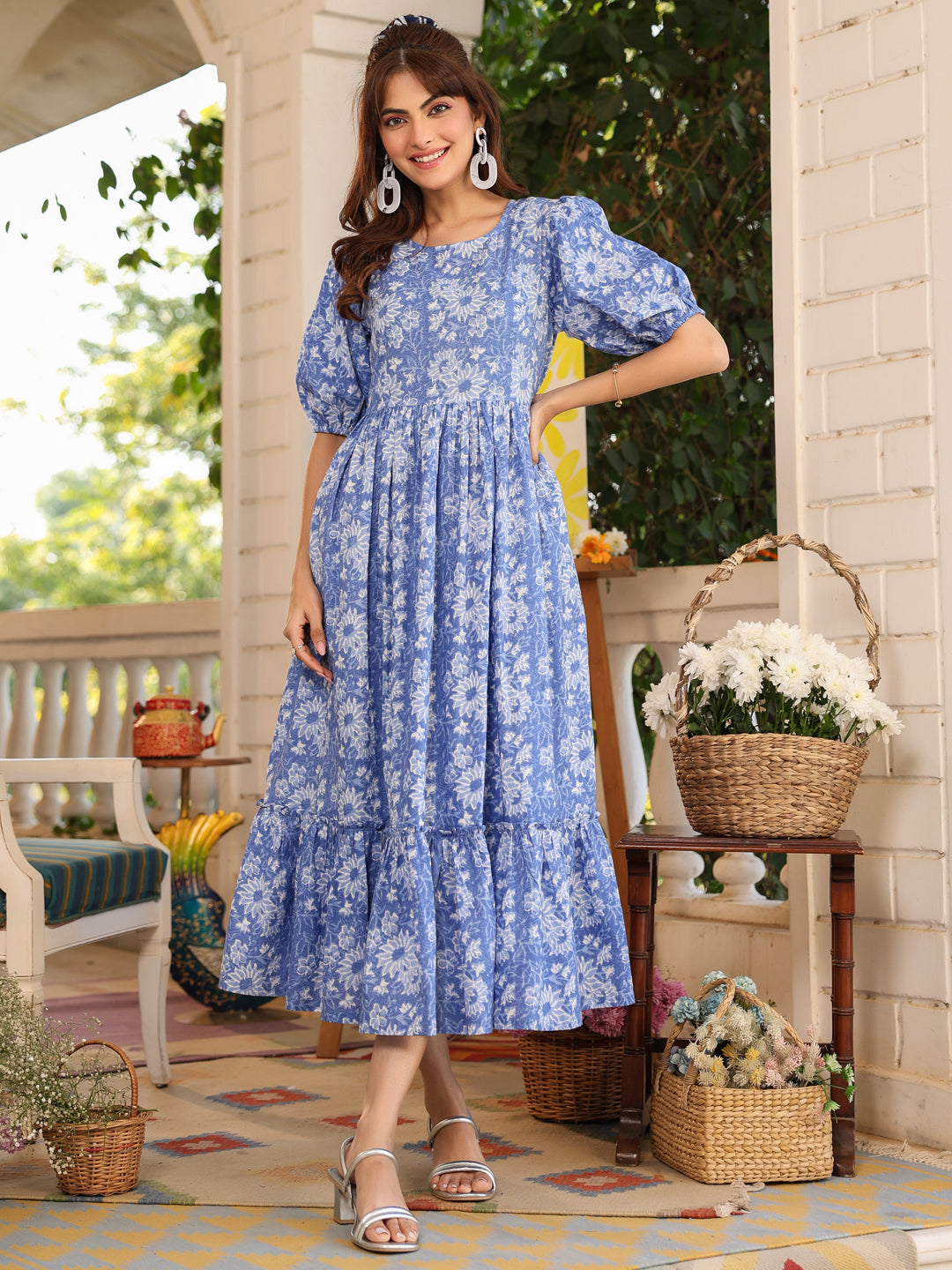 Janasya Light Cotton Floral Tiered Dress 