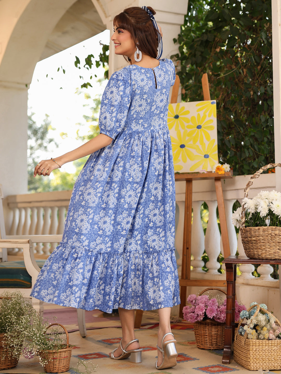 Janasya Light Cotton Floral Tiered Dress 