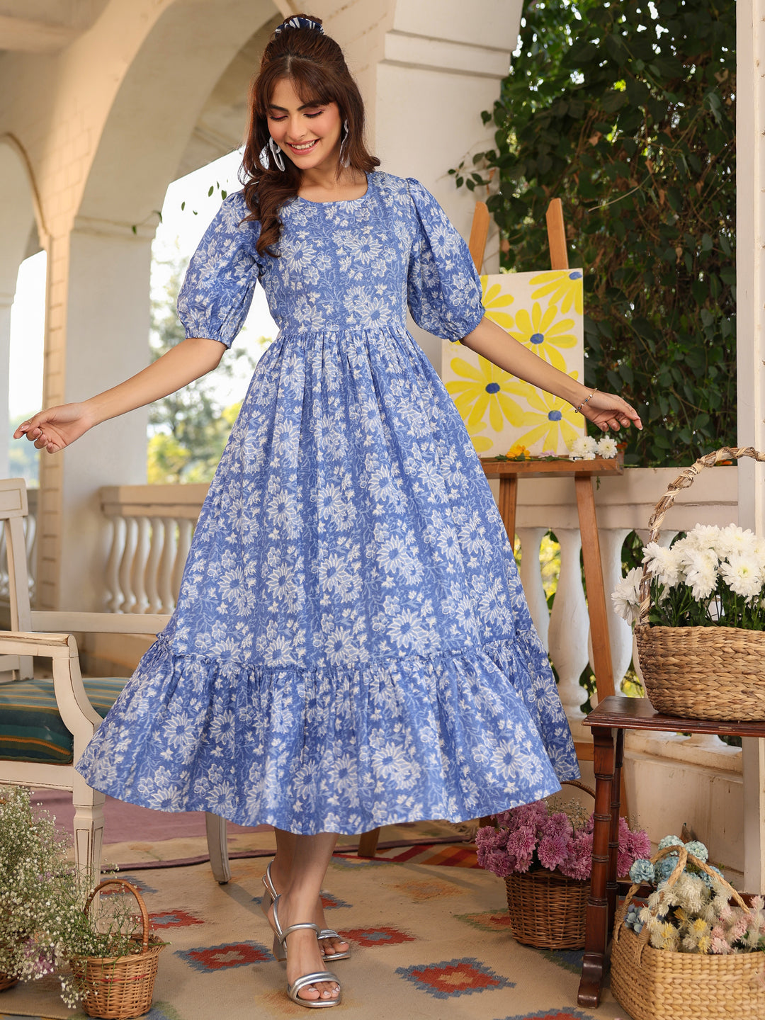 Janasya Light Cotton Floral Tiered Dress 