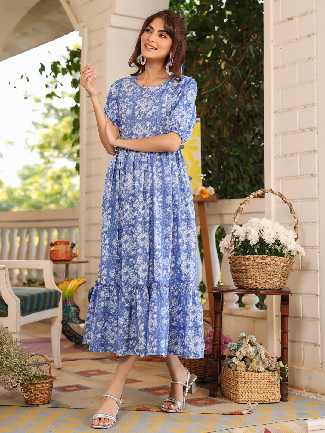 Janasya Light Cotton Floral Tiered Dress 