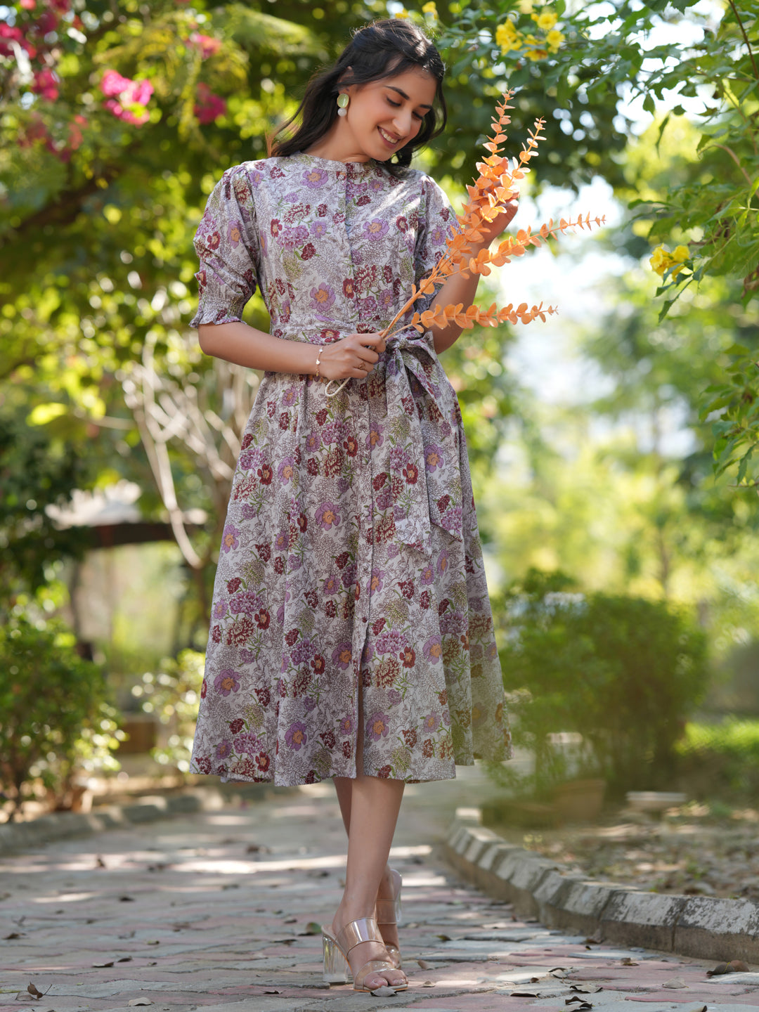 Janasya Dark Cotton Floral A-Line Dress 