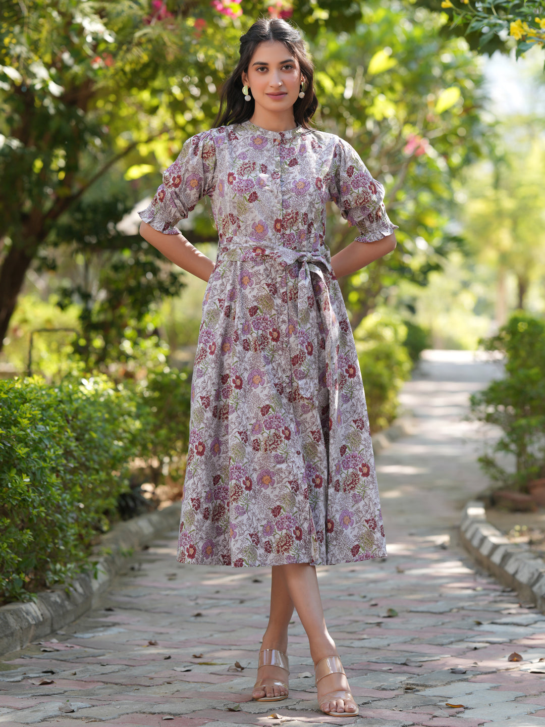 Janasya Dark Cotton Floral A-Line Dress 
