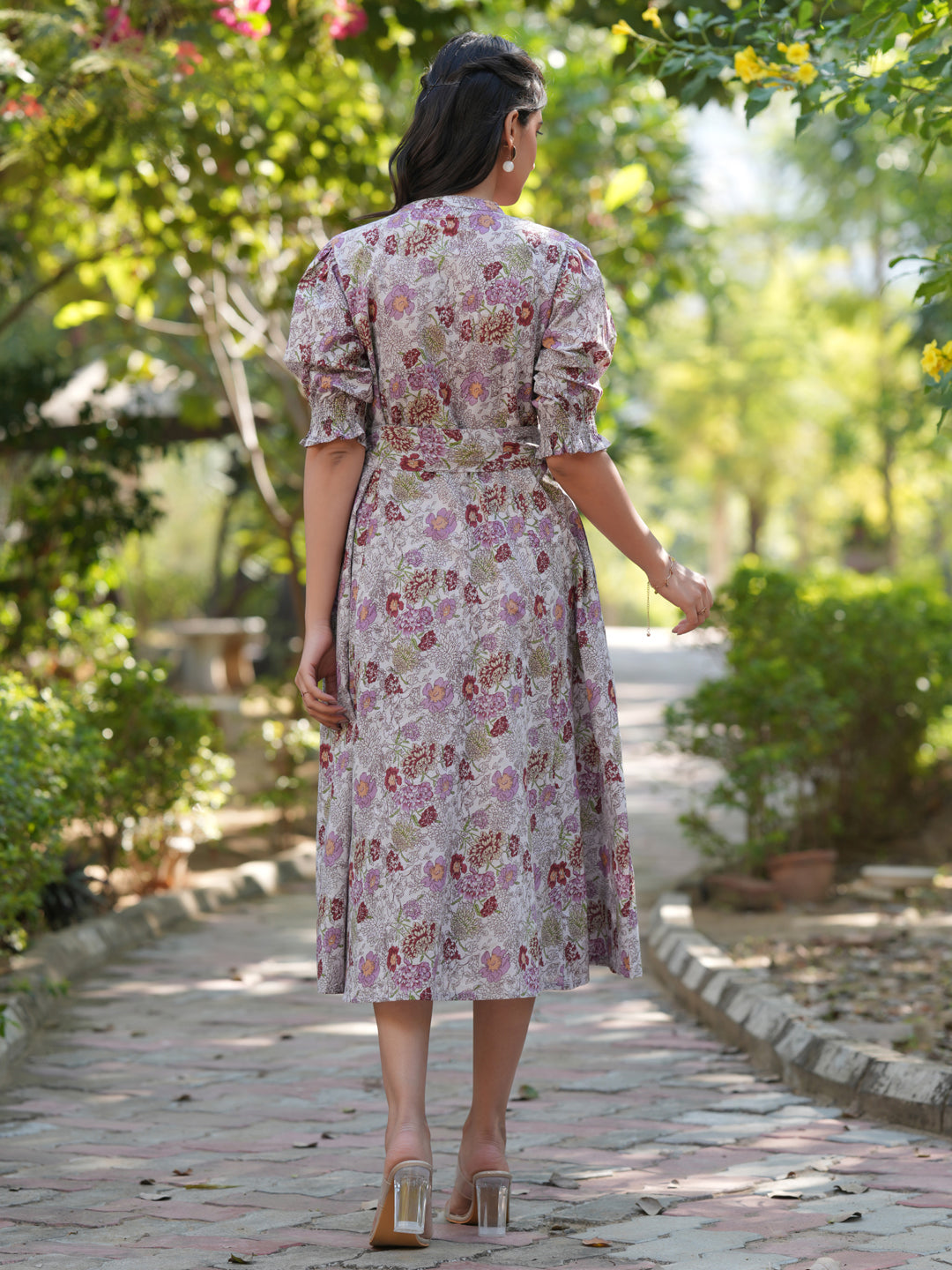Janasya Dark Cotton Floral A-Line Dress 