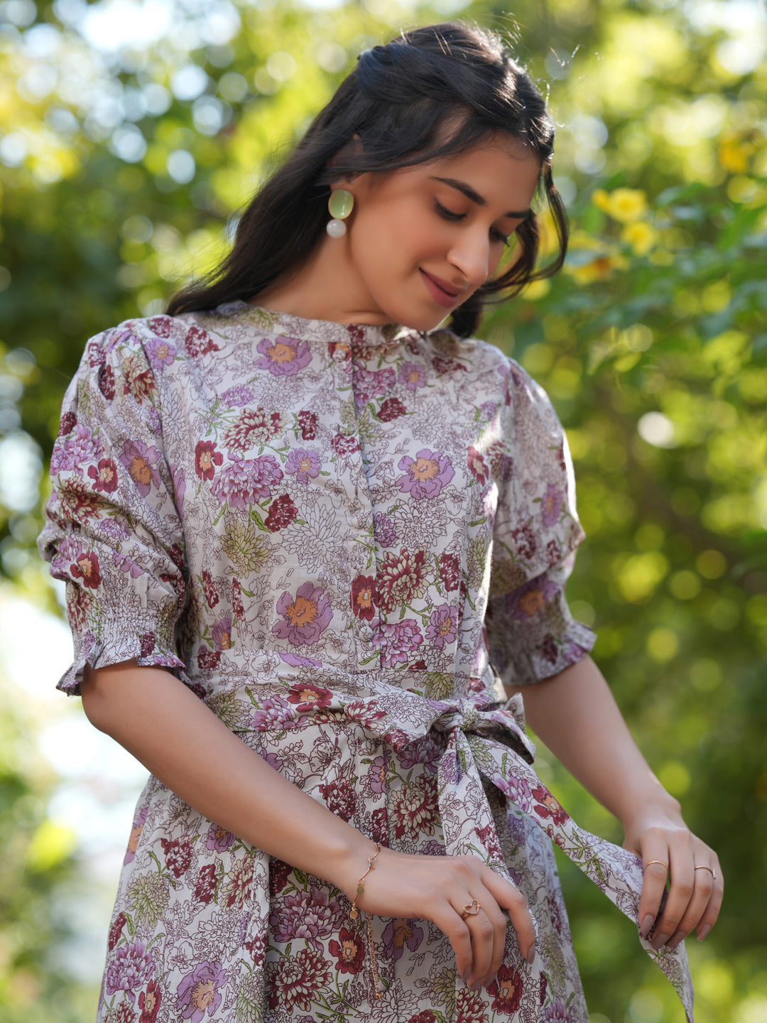 Janasya Dark Cotton Floral A-Line Dress 