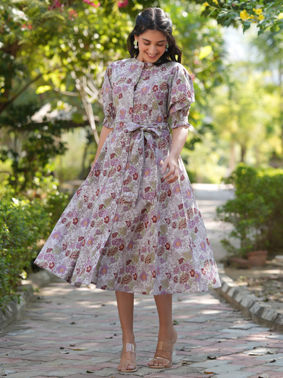 Janasya Dark Cotton Floral A-Line Dress 