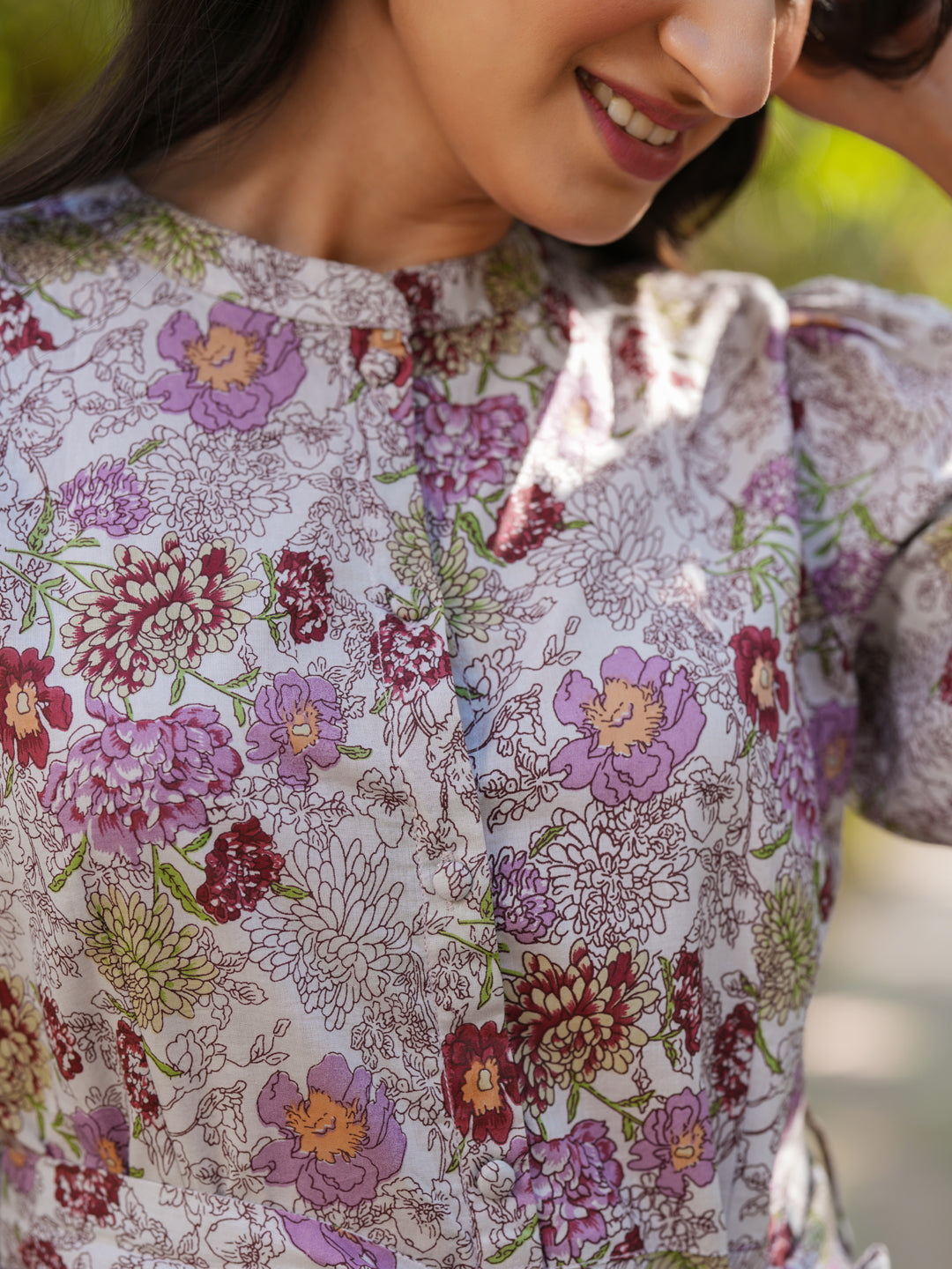 Janasya Dark Cotton Floral A-Line Dress 