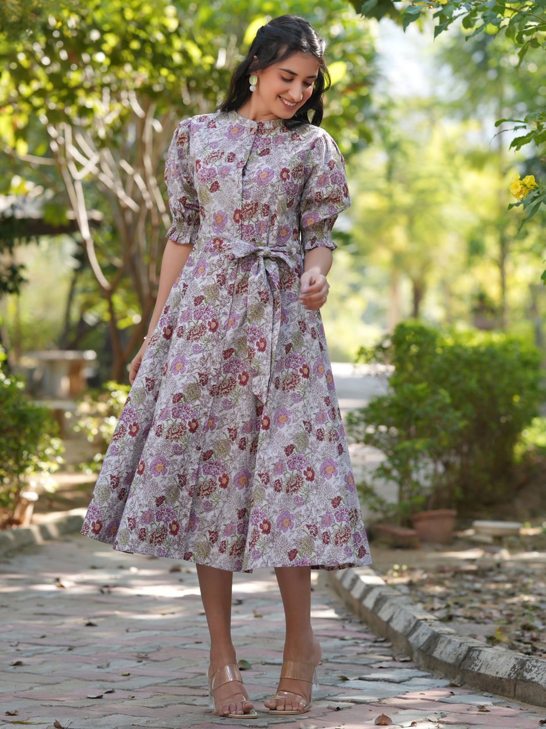 Janasya Dark Cotton Floral A-Line Dress 