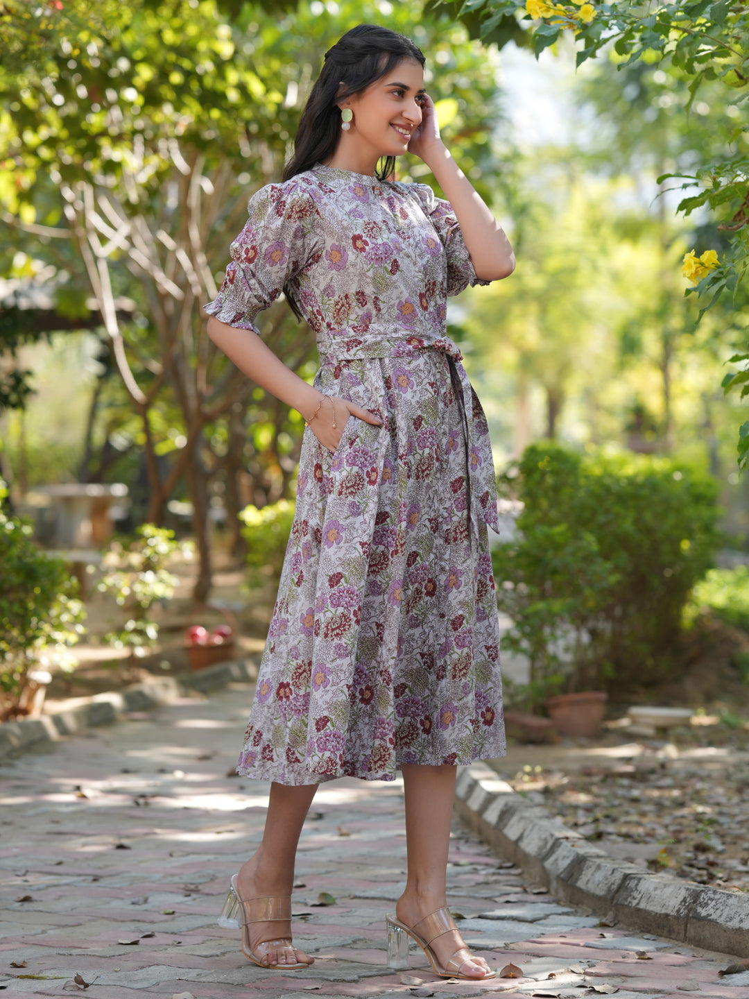 Janasya Dark Cotton Floral A-Line Dress 