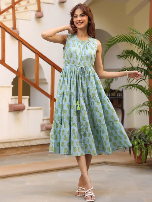 Janasya Light Cotton Paisley Tiered Dress 