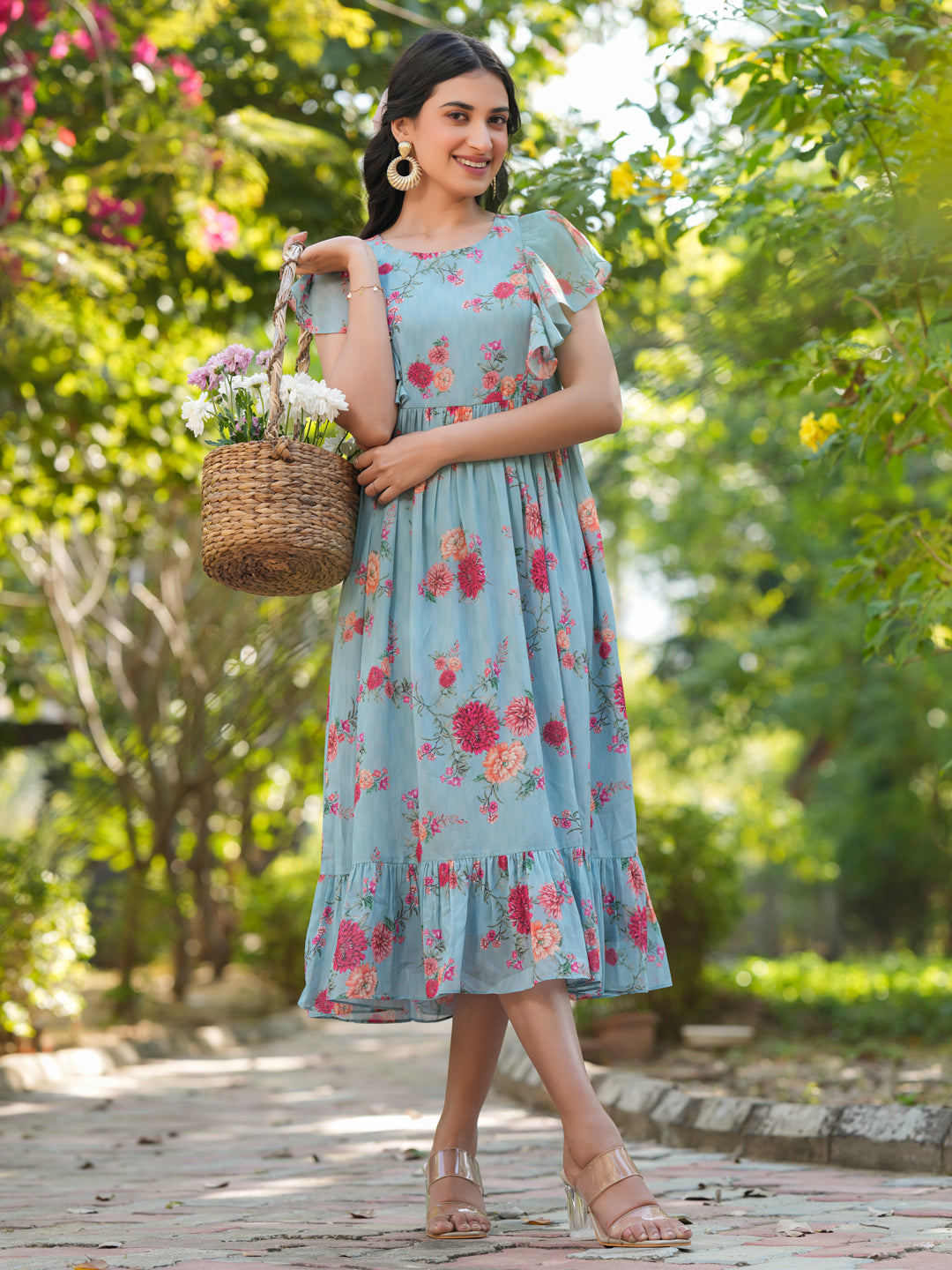 Janasya Bright Georgette Floral Tiered Dress 