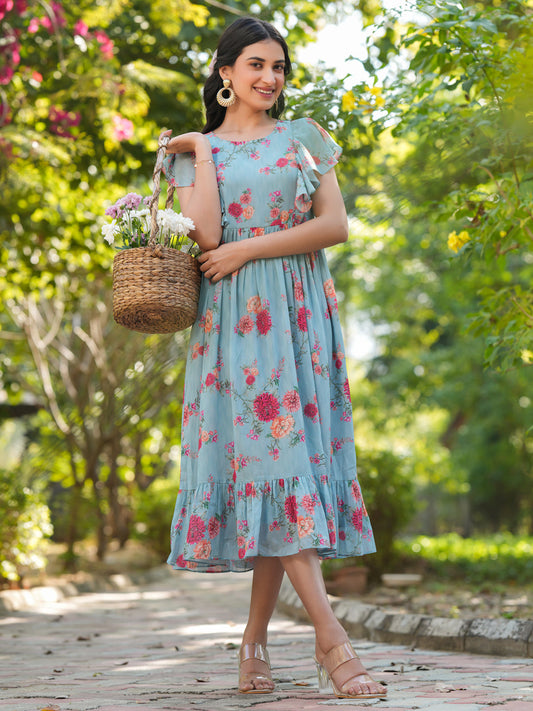 Janasya Bright Georgette Floral Tiered Dress 