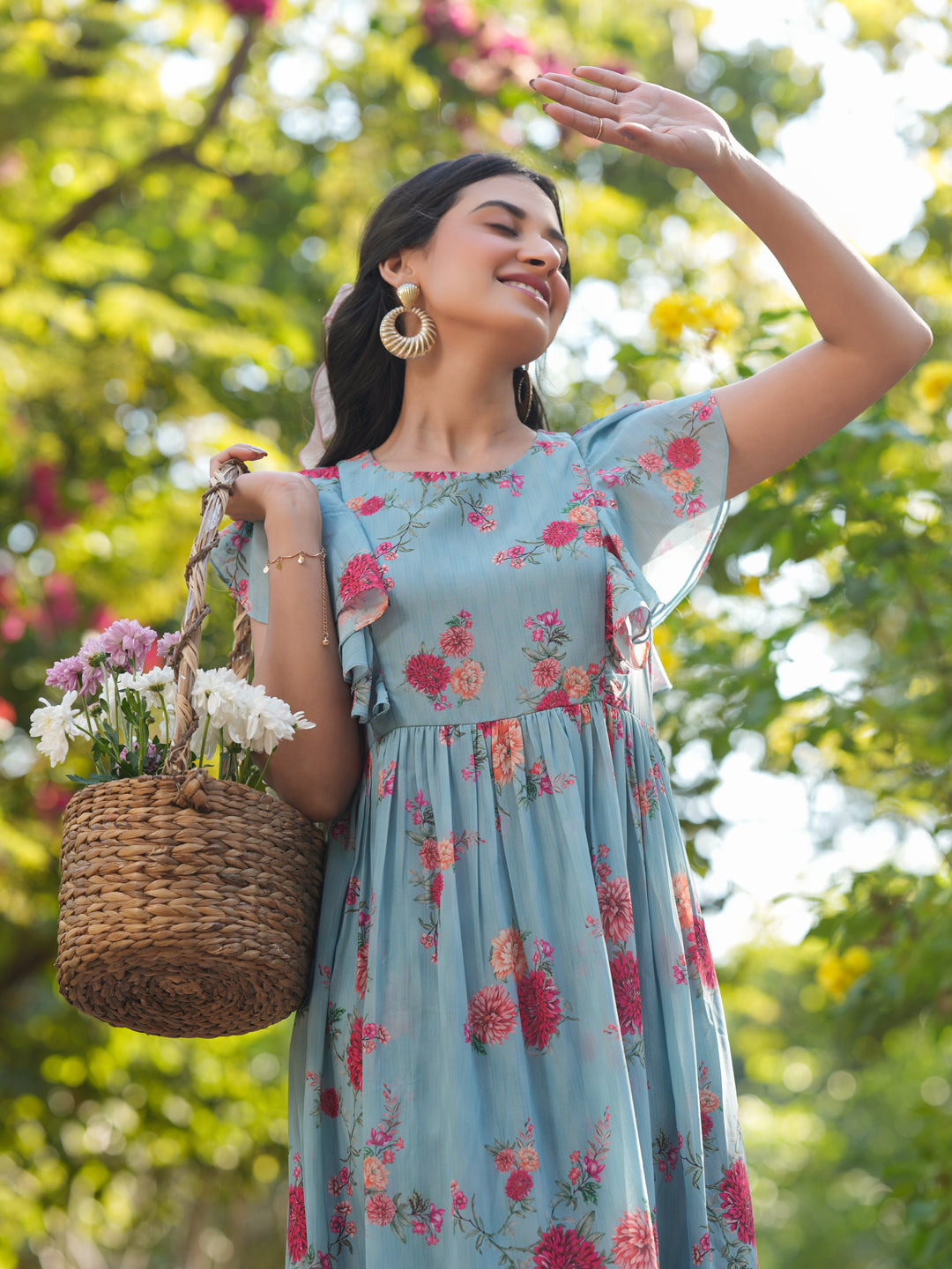 Janasya Bright Georgette Floral Tiered Dress 