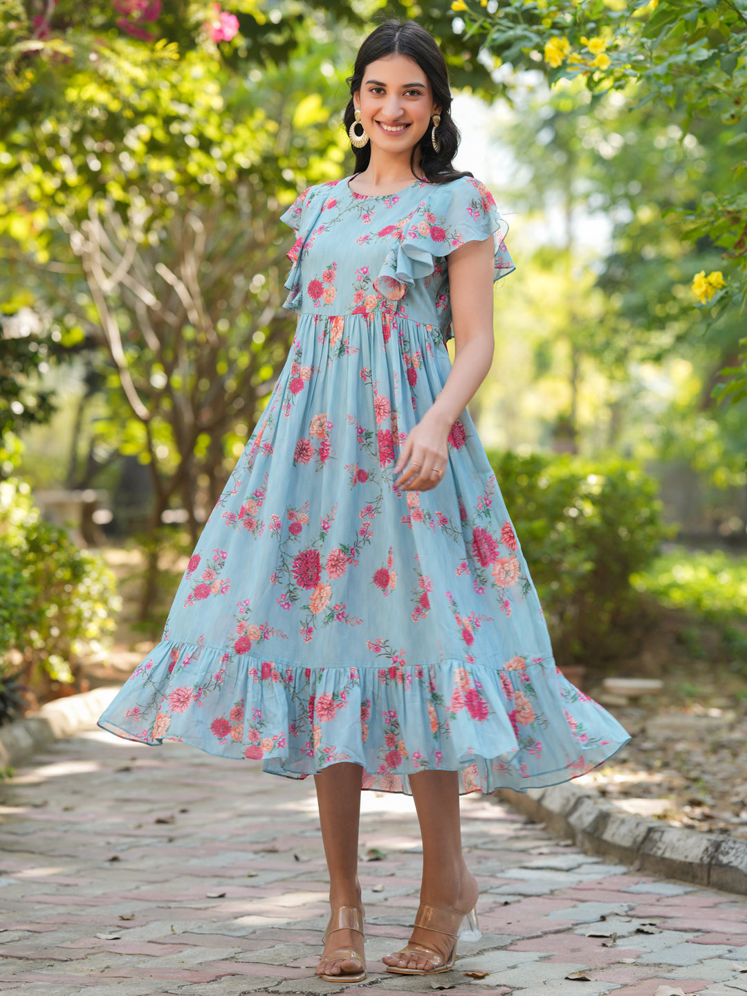 Janasya Bright Georgette Floral Tiered Dress 