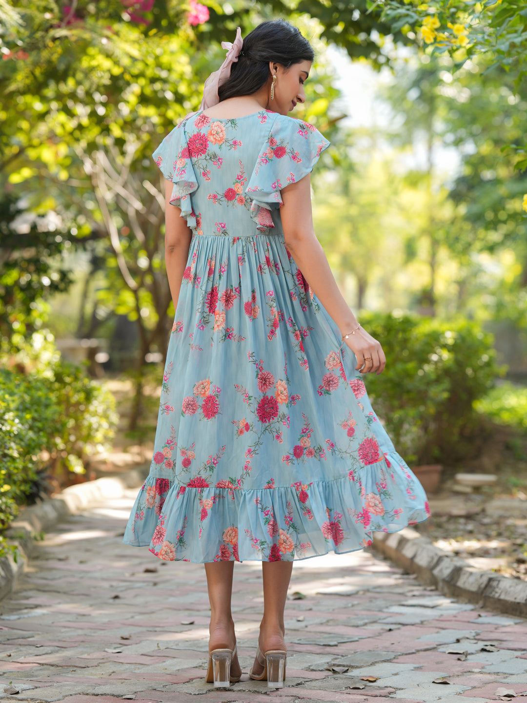 Janasya Bright Georgette Floral Tiered Dress 