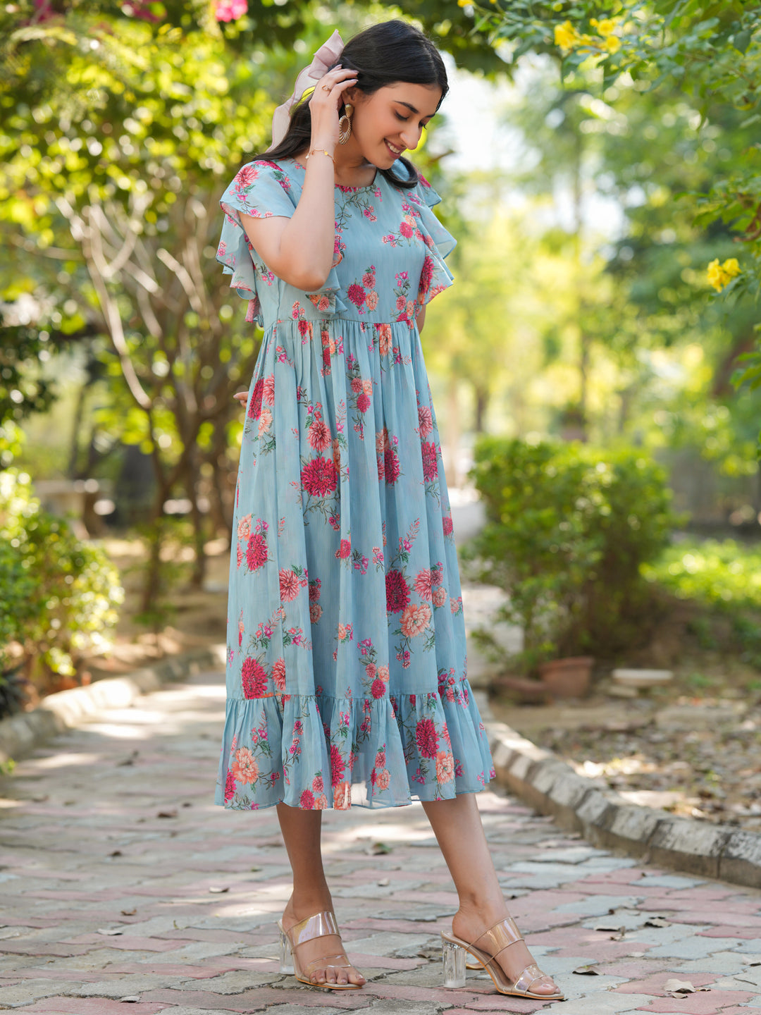 Janasya Bright Georgette Floral Tiered Dress 